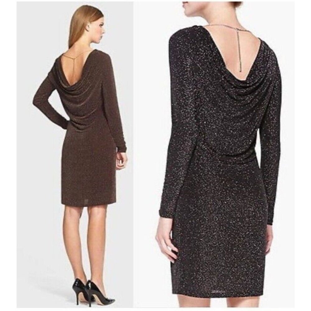 Michael Kors Metallic Dress Large Black Brown Copper Stretch Cowl Back Party